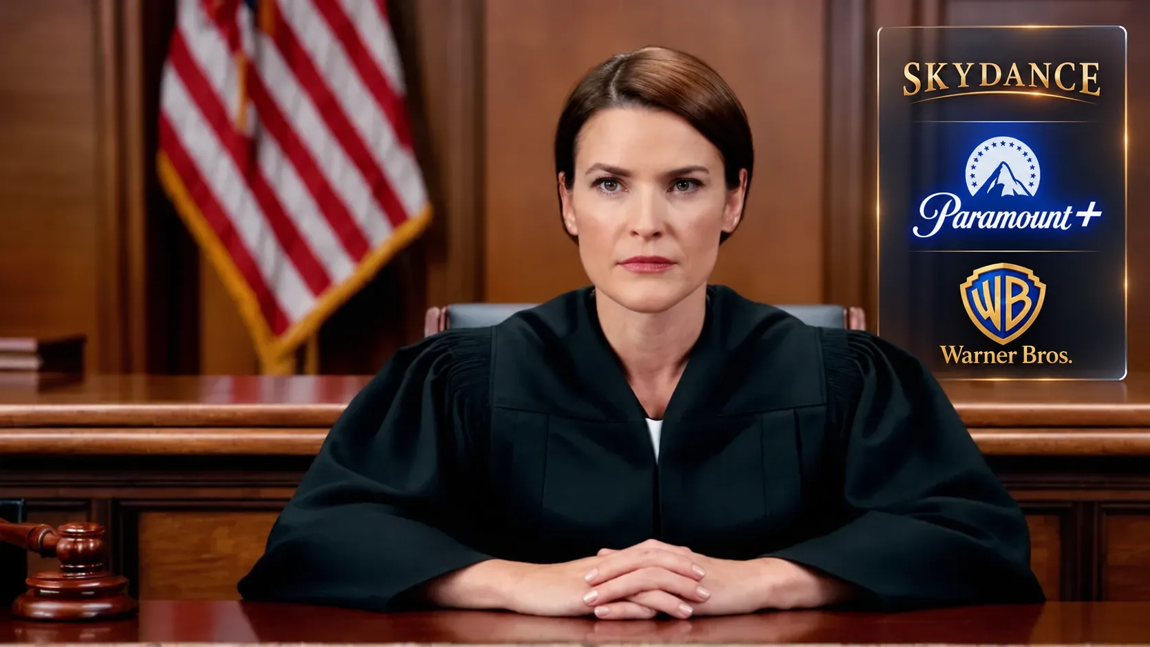 Editorial courtroom portrait of a judge with clasped hands and Skydance, Paramount+ and Warner Bros. brand marks.