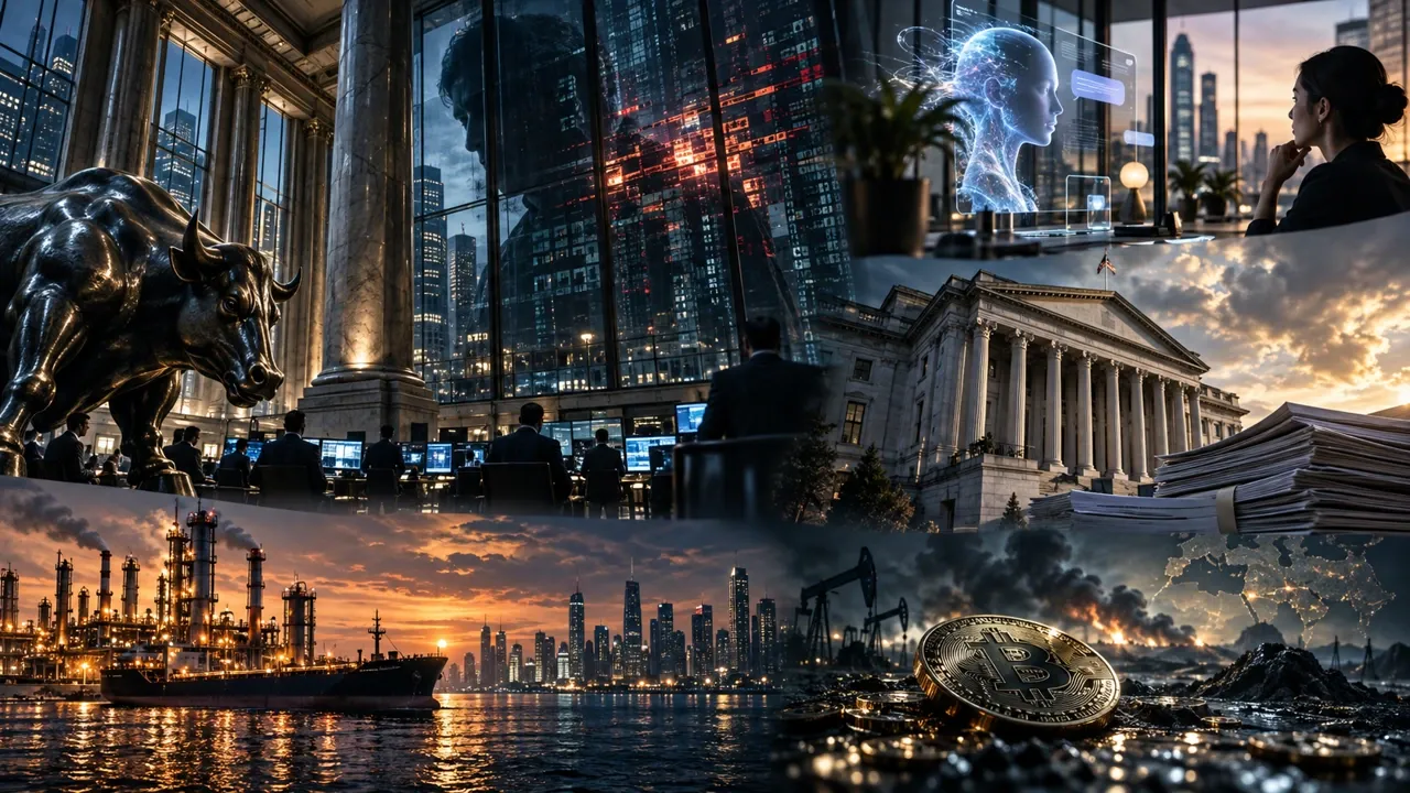 Collage: a cyberattack across a trading floor beside Wall Street's bull, with an AI interface, the U.S. Treasury, an oil refinery and tanker, and Bitcoin.