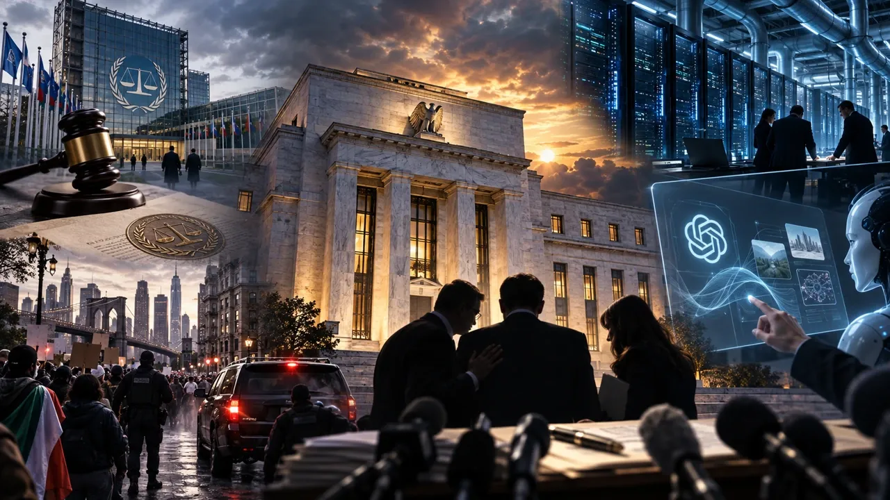 Collage: the Federal Reserve's Eccles Building leads; the ICC, a data center, OpenAI's GPT-6 interface and an immigration protest in New York surround it.