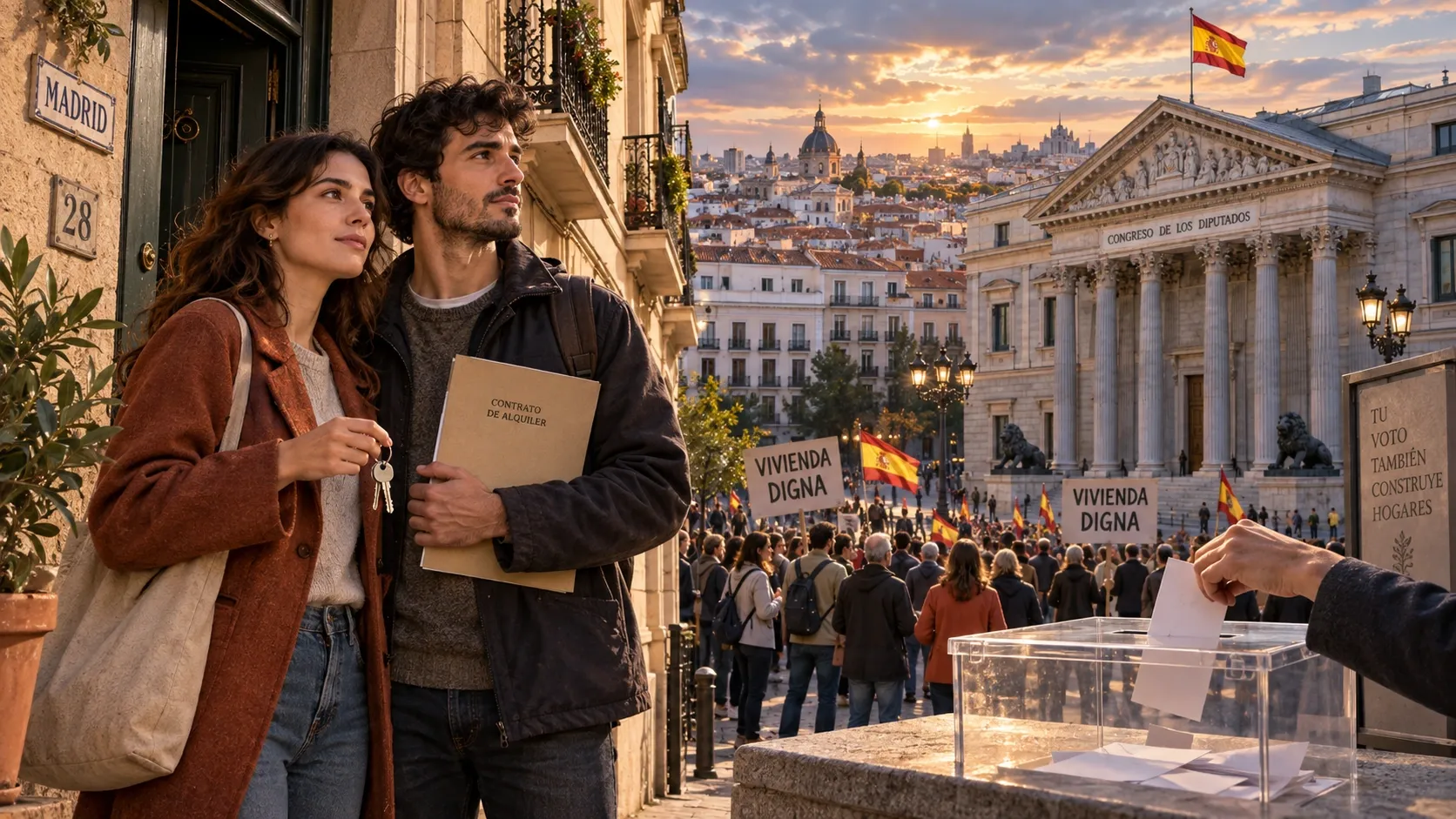 Editorial montage of Madrid residents, apartment keys, housing protests, Spain’s Congress and a ballot box, linking housing pressure to the election.