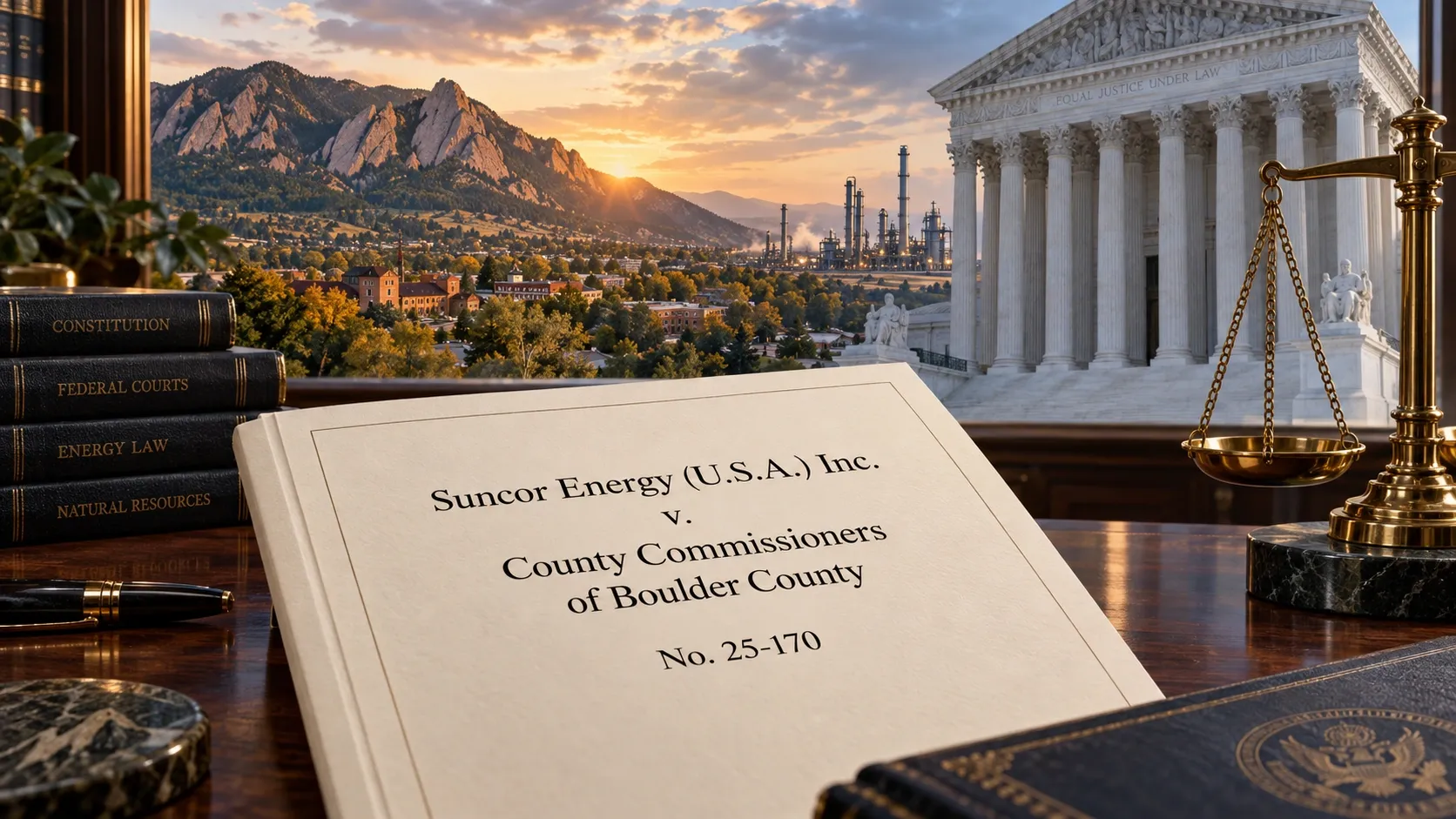 Conceptual montage of Boulder, the Supreme Court and a legal folder correctly naming Suncor Energy (U.S.A.) Inc. v. County Commissioners of Boulder County, No. 25-170.