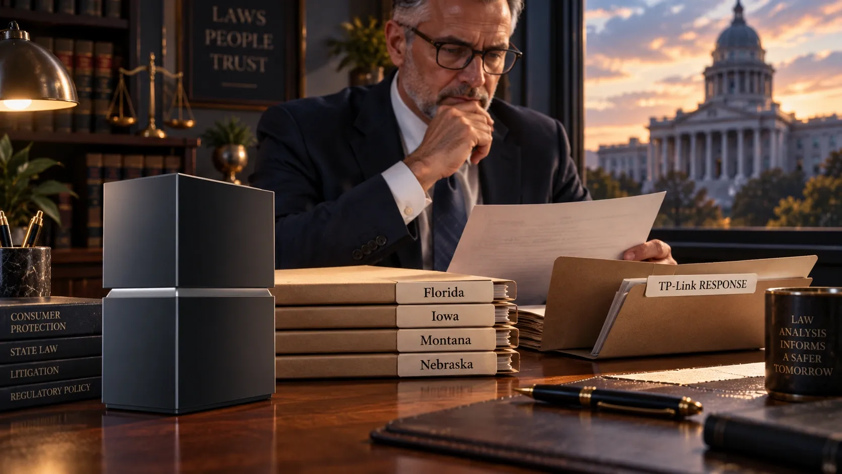 Editorial illustration of four state complaint files and TP-Link’s response, with its contemporary router shown as company context.