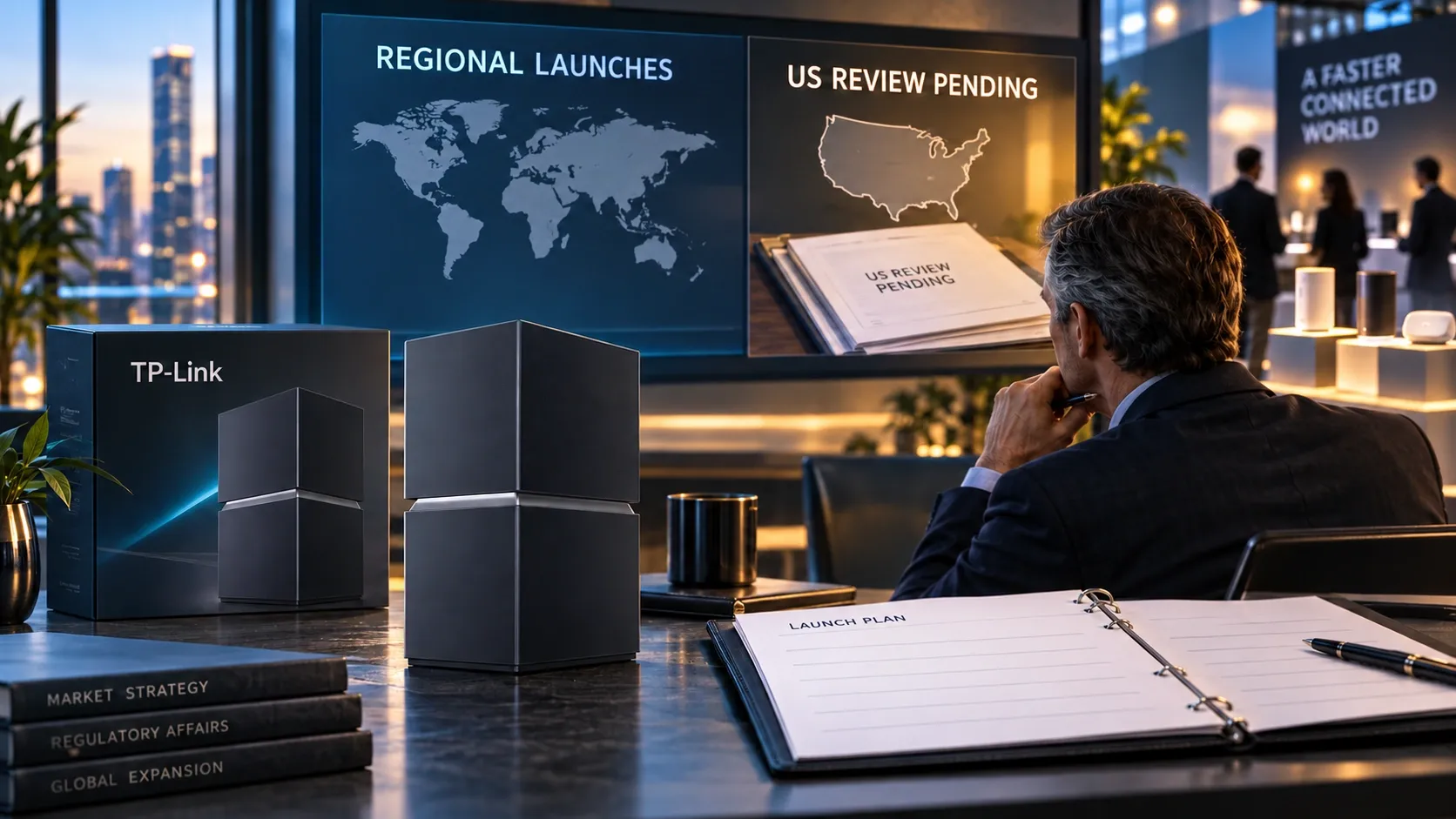 Editorial illustration of regional launch planning and unresolved US review for TP-Link’s new hardware.