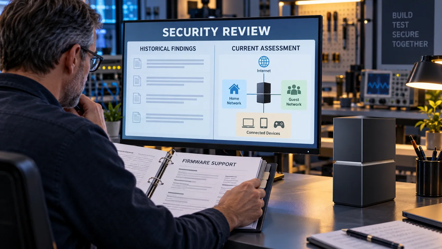 Editorial illustration separating historical security findings from current assessment and firmware-support questions.