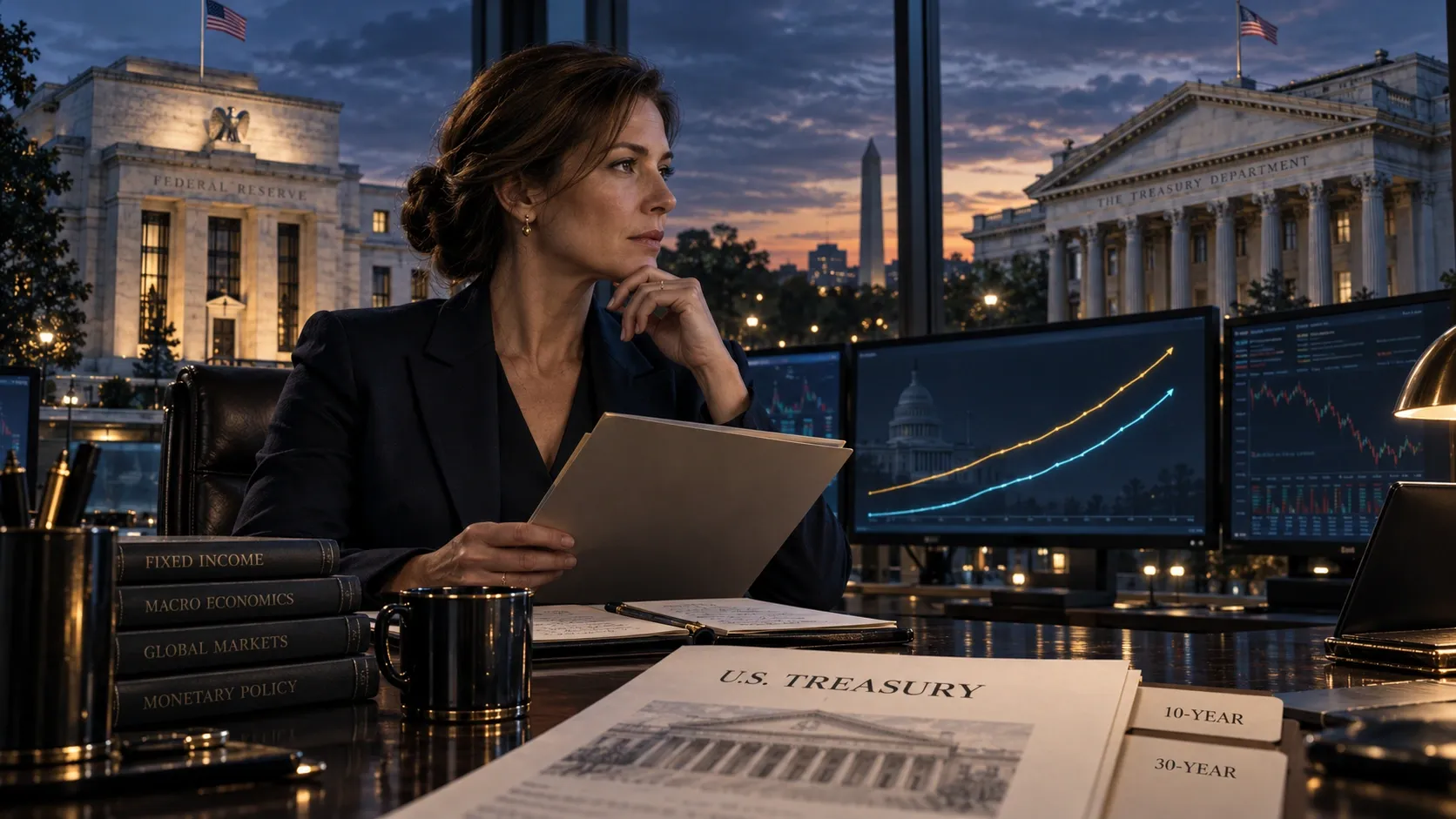 Conceptual illustration of a bond analyst, Treasury research and rising-yield graphics with the Federal Reserve and US Treasury.