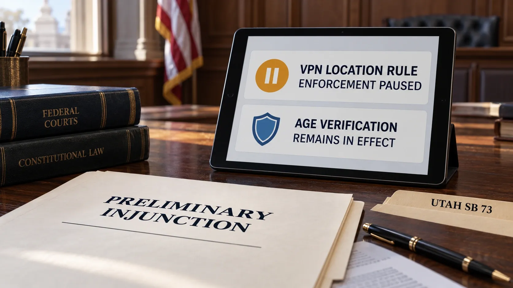 Editorial illustration of the preliminary injunction pausing Utah's VPN location rule while baseline age verification remains in effect.