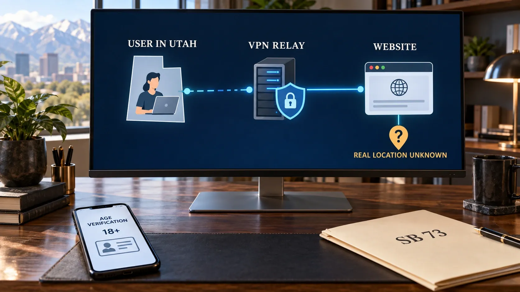 Conceptual diagram showing a Utah user connecting through a VPN relay to a website that cannot reliably determine the user's real location.