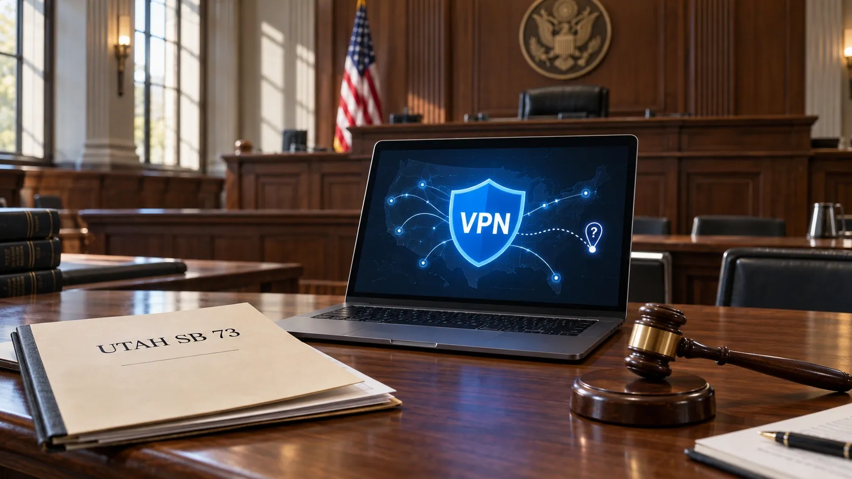 Conceptual editorial scene of Utah's VPN location dispute, with a laptop, SB 73 folder and a grounded gavel in an empty federal courtroom.